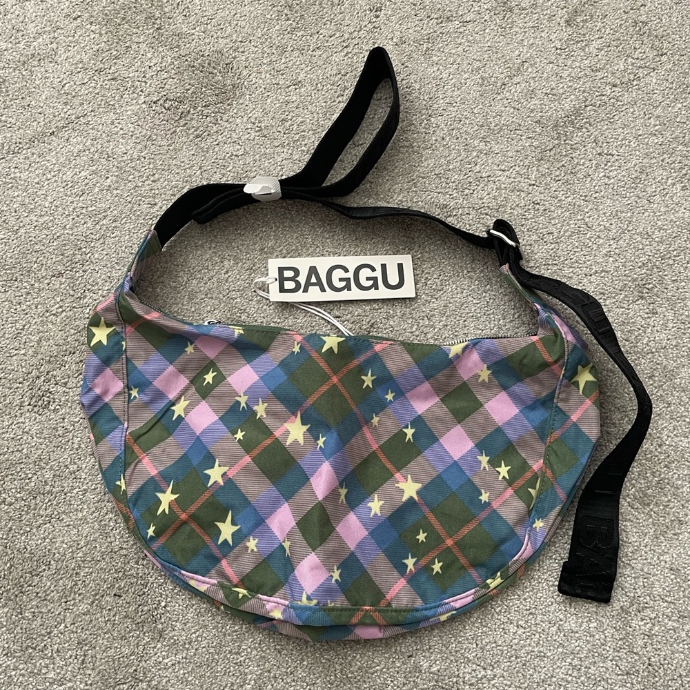 Baggu Medium Nylon Crescent Bag Green Star Plaid